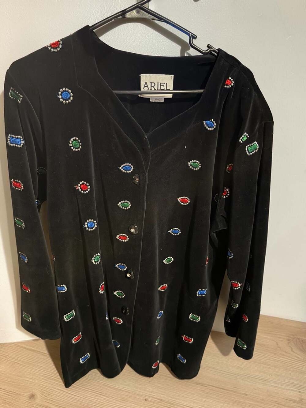 Ariel Vintage Black Velvet Embellished Jewel Button-Up Cardigan Top